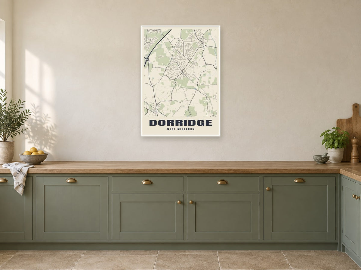 Dorridge Street Map Poster at A1, in a white frame, in a kitchen