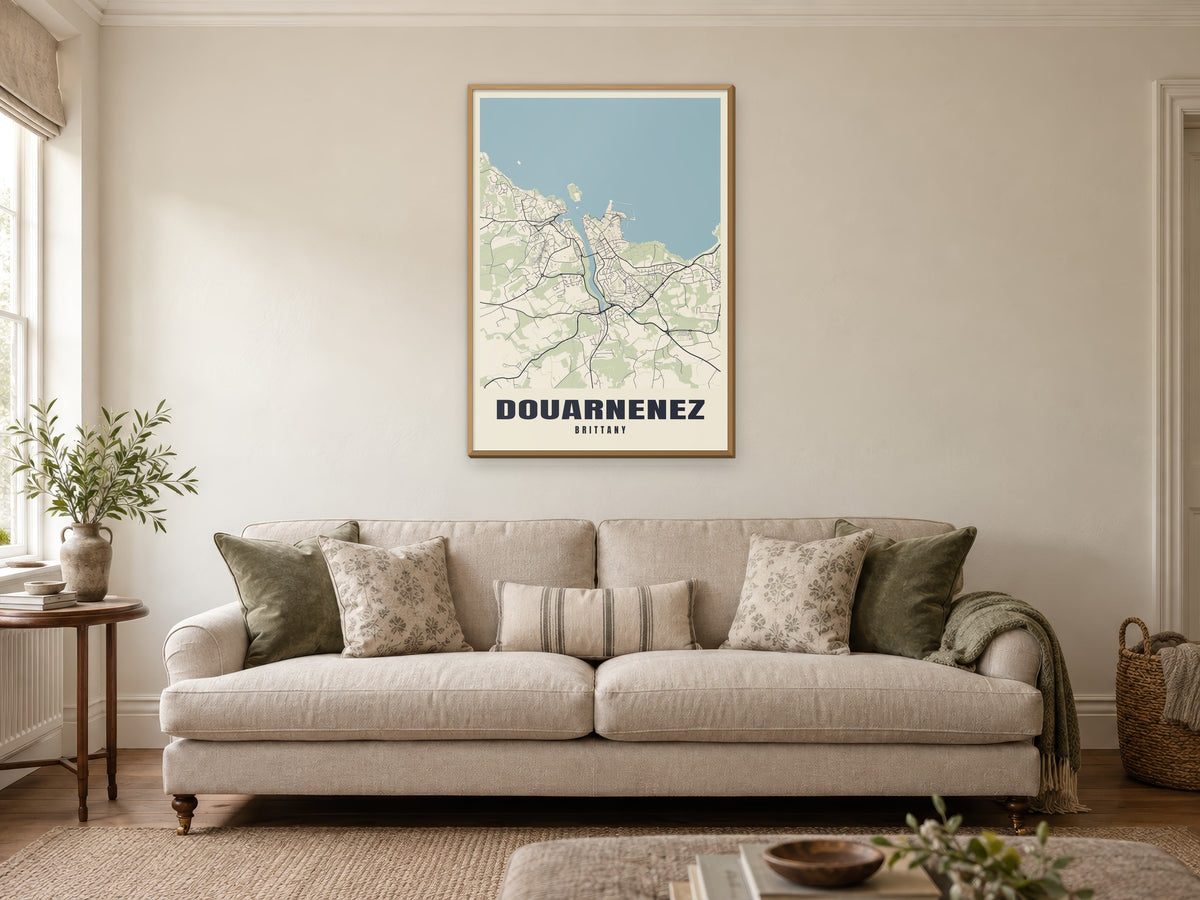 Douarnenez Street Map Poster at A1, in a natural wood frame, in a sitting room