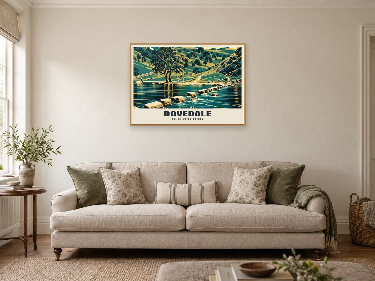 The stepping stones, Dovedale Poster at A1, in a natural wood frame, in a sitting room