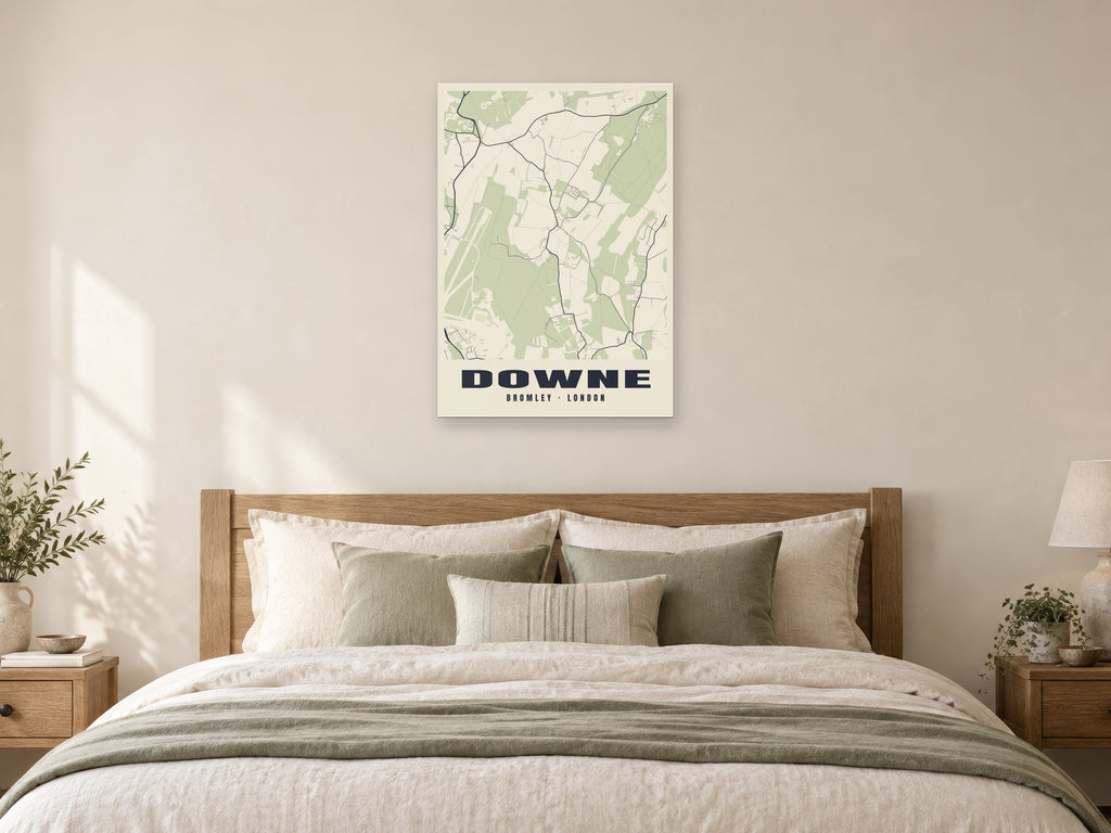 Downe Heritage Street Map Poster at A1, as a poster, above a bed