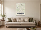 Downham Heritage Street Map Poster at A1, in a natural wood frame, in a sitting room