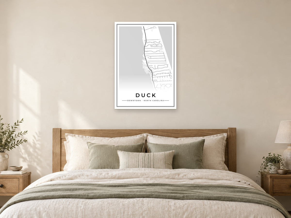 Duck Downtown Street Map Poster at A1, as a poster, above a bed