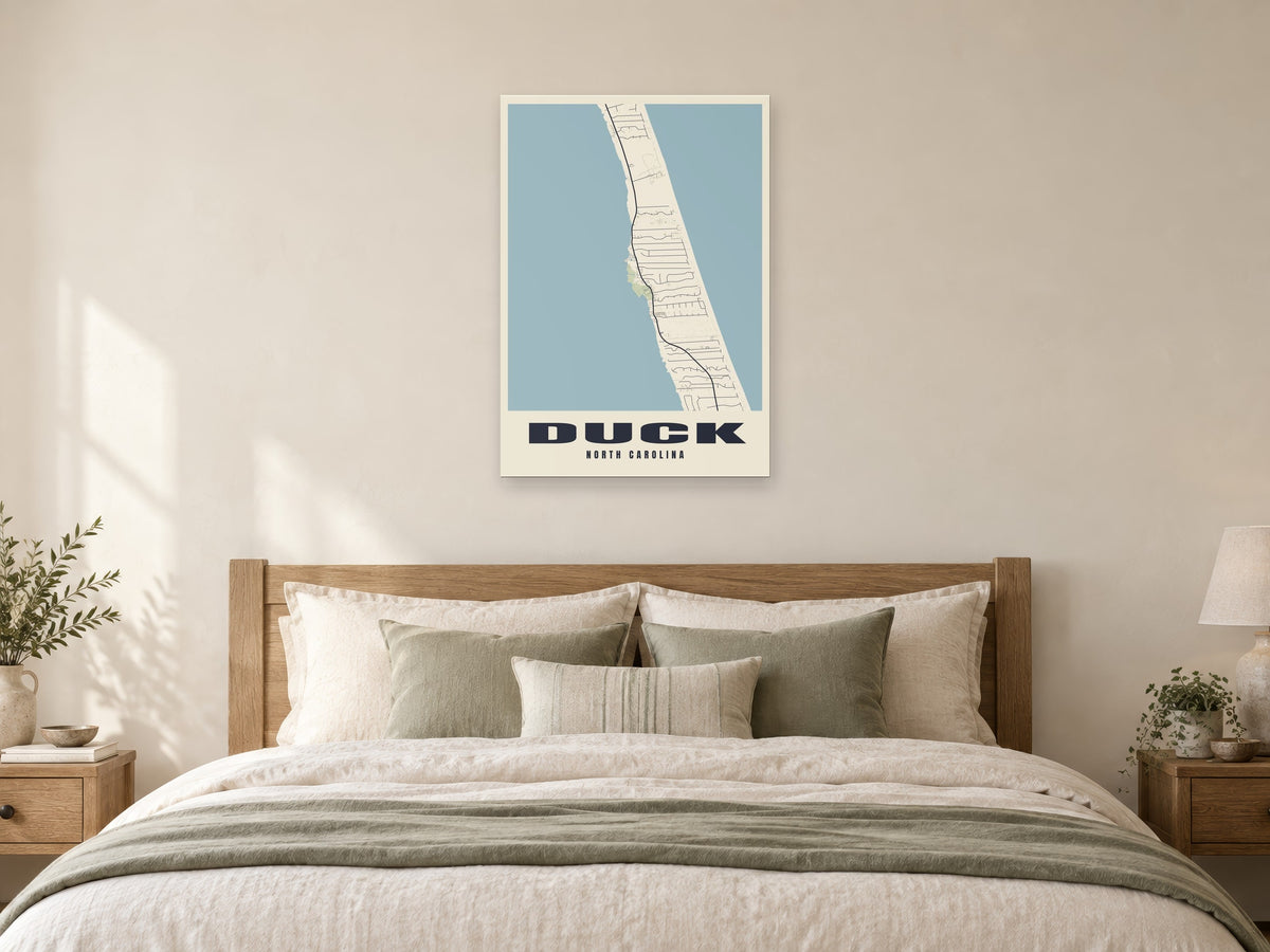 Duck Street Map Poster at A1, as a poster, above a bed