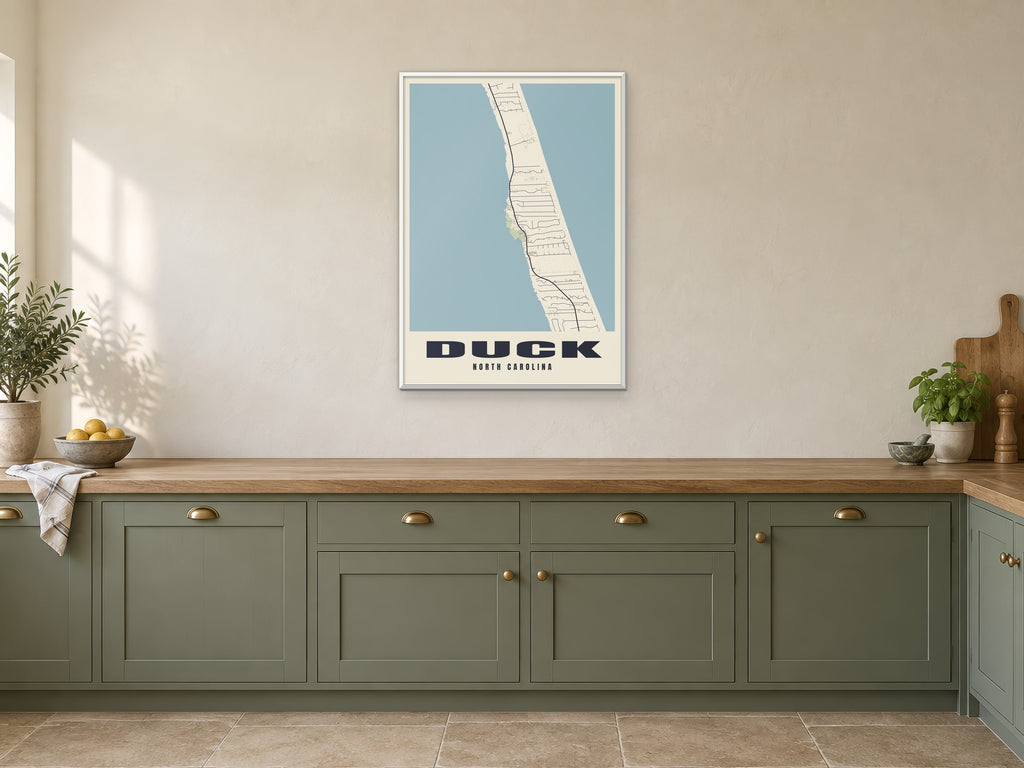 Duck Street Map Poster at A1, in a white frame, in a kitchen