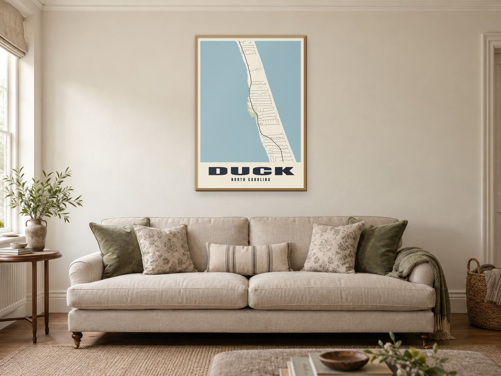 Duck Street Map Poster at A1, in a natural wood frame, in a sitting room