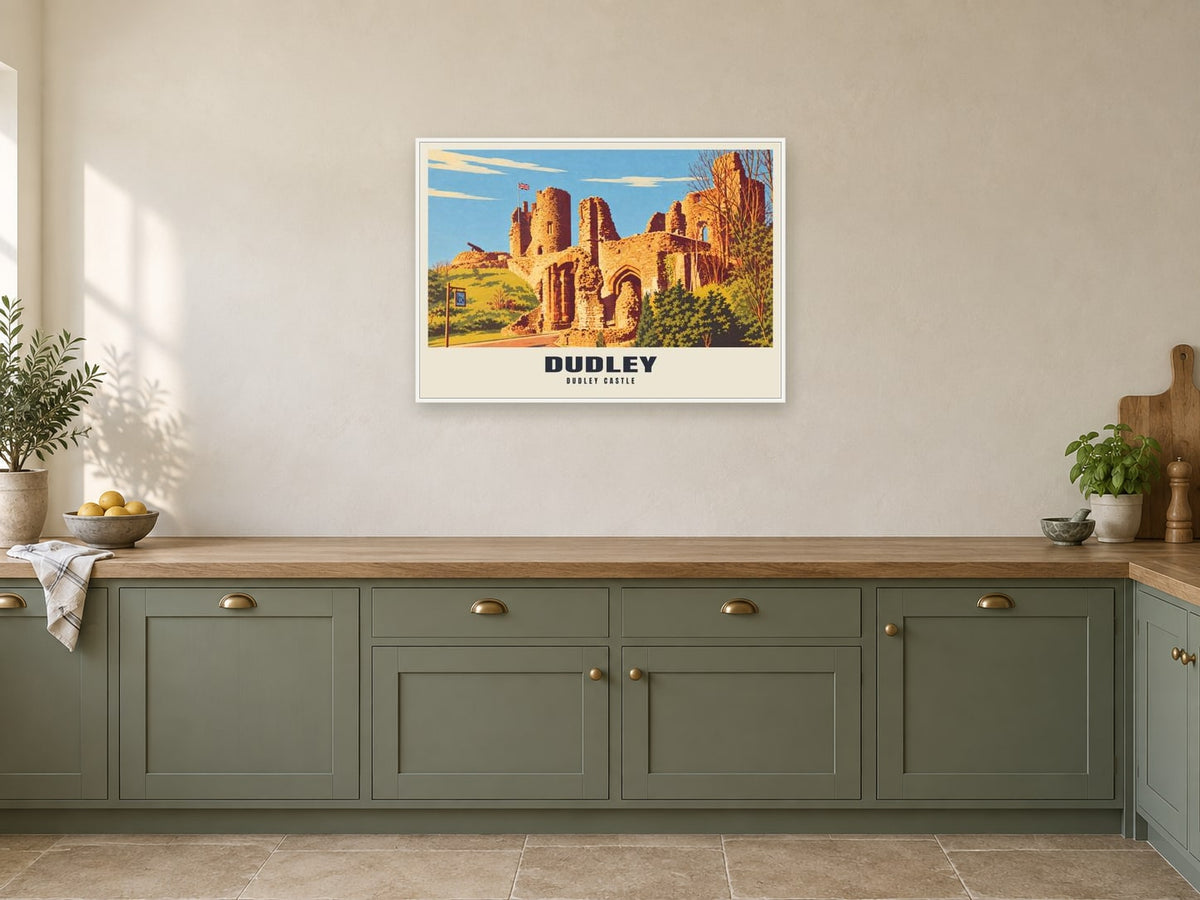 Dudley Castle Poster at A1, in a white frame, in a kitchen