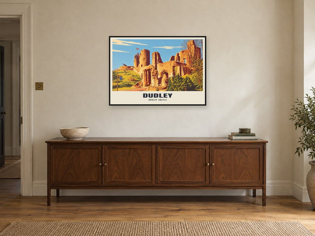 Dudley Castle Poster at A1, in a black frame, above a sideboard