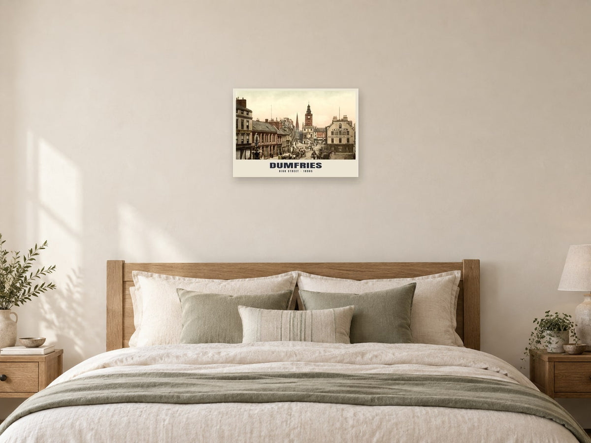 High Street, Dumfries, 1890s Heritage Print at A2, as a poster, above a bed