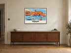 Dunbar Castle Poster at A1, in a black frame, above a sideboard