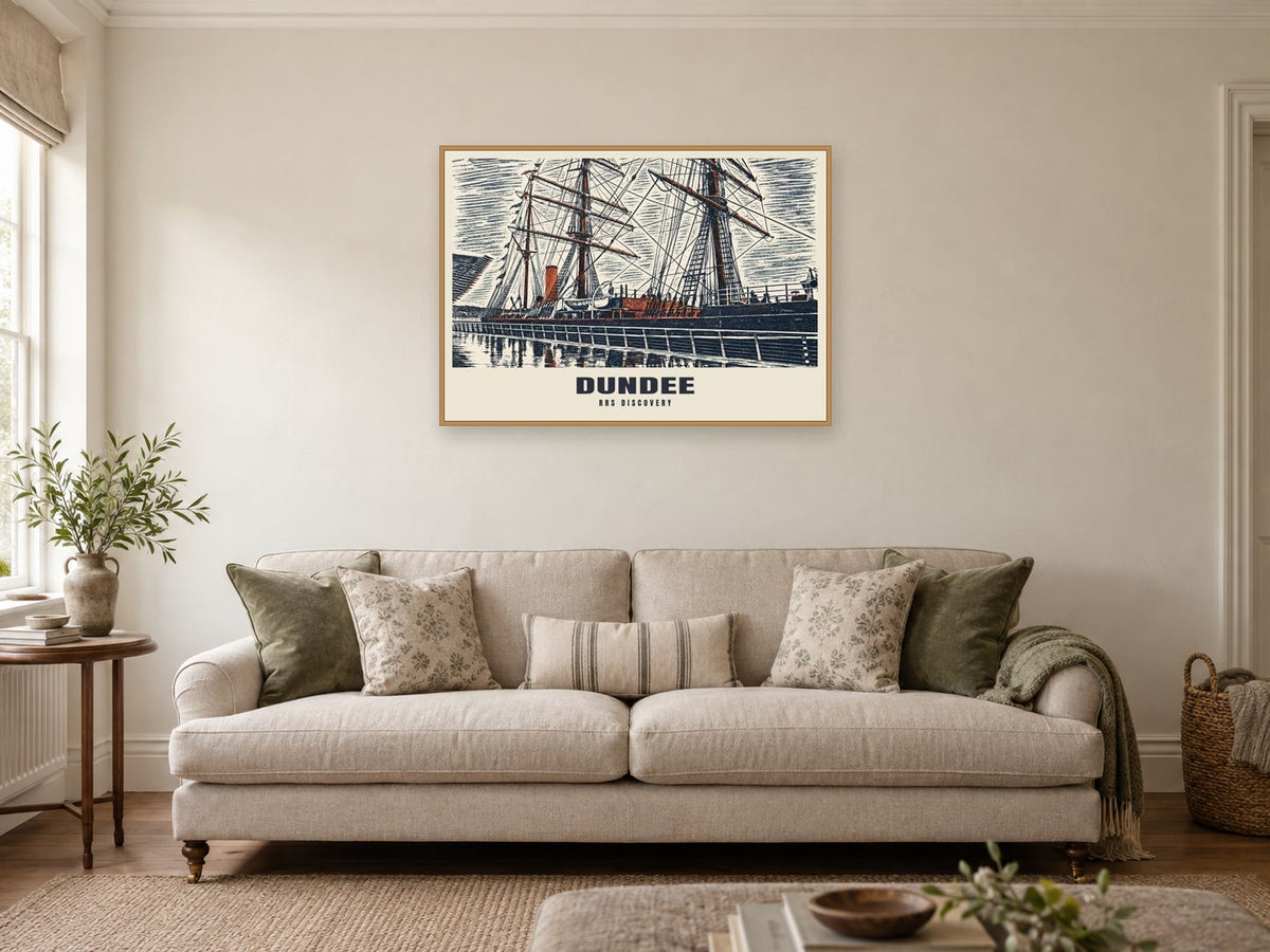 RRS Discovery, Dundee Poster at A1, in a natural wood frame, in a sitting room