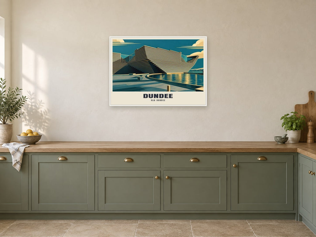 V&A Dundee Poster at A1, in a white frame, in a kitchen
