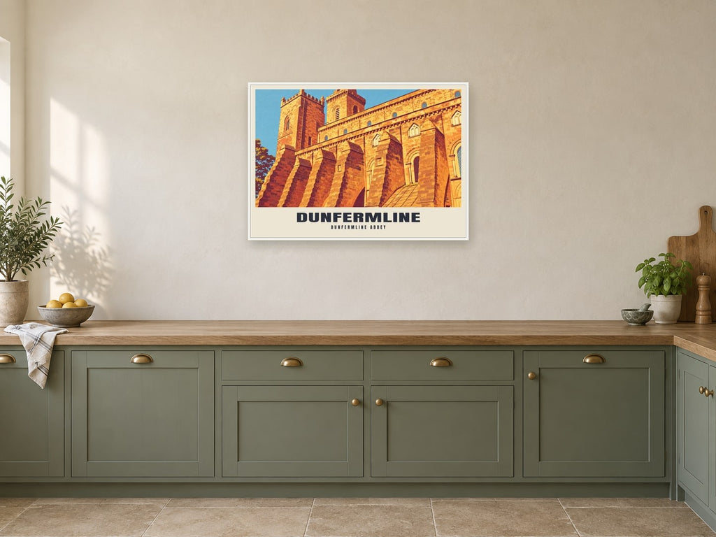 Dunfermline Abbey Poster at A1, in a white frame, in a kitchen
