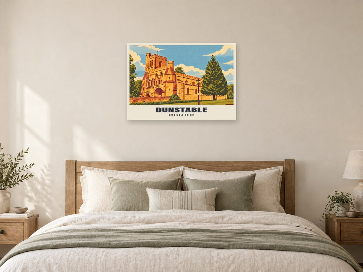Dunstable Priory Poster at A1, as a poster, above a bed