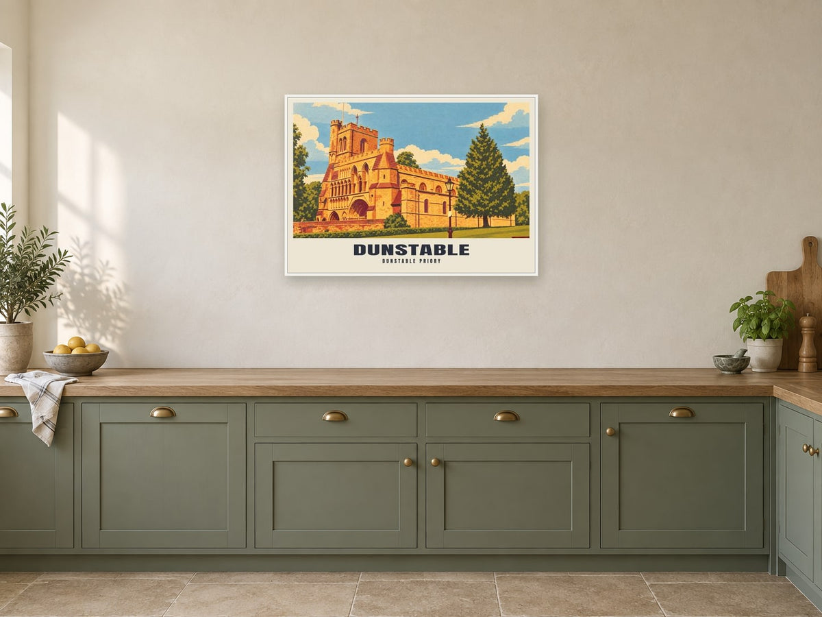 Dunstable Priory Poster at A1, in a white frame, in a kitchen