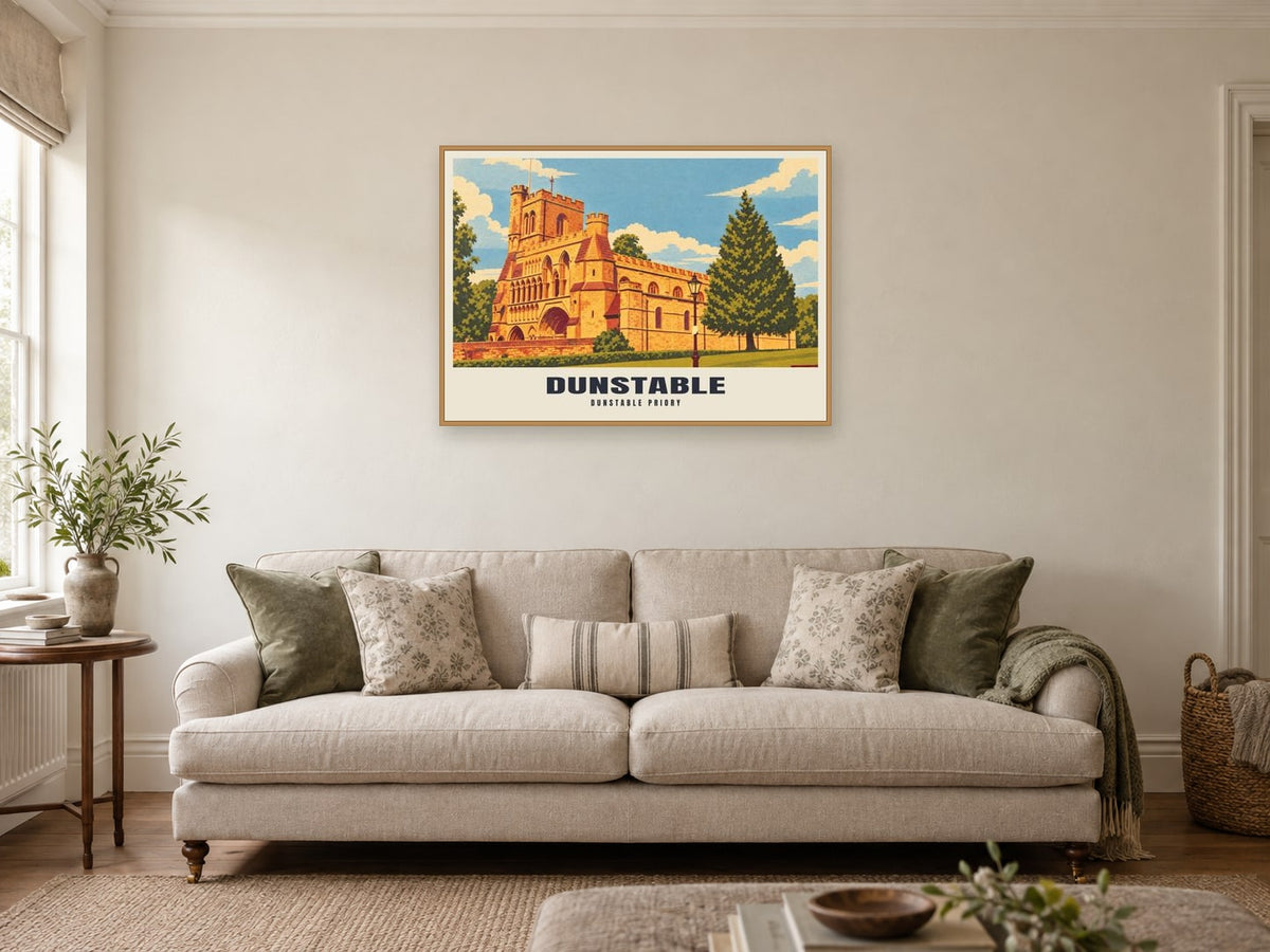 Dunstable Priory Poster at A1, in a natural wood frame, in a sitting room