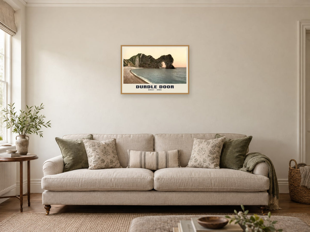 Dorset, Durdle Door Poster at A2, in a natural wood frame, in a sitting room
