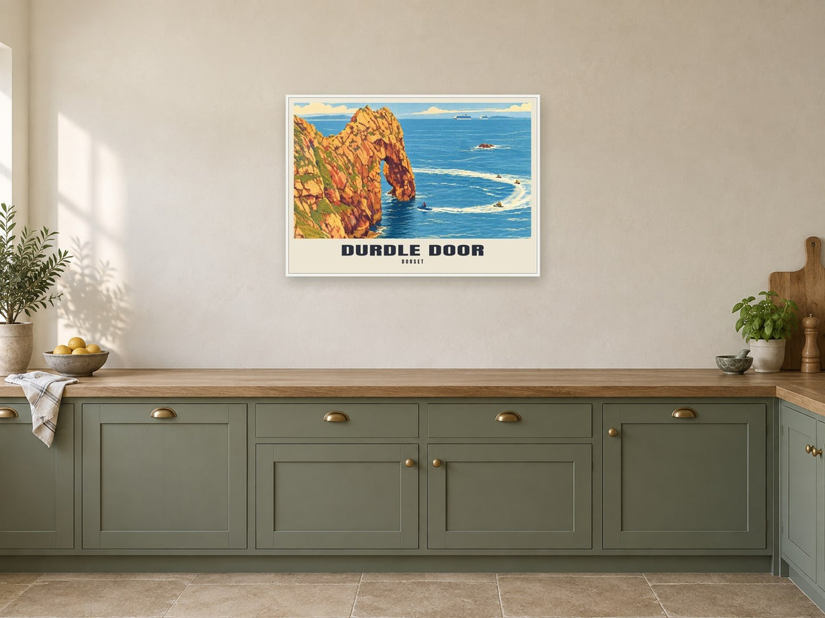 Durdle Door Poster at A1, in a white frame, in a kitchen