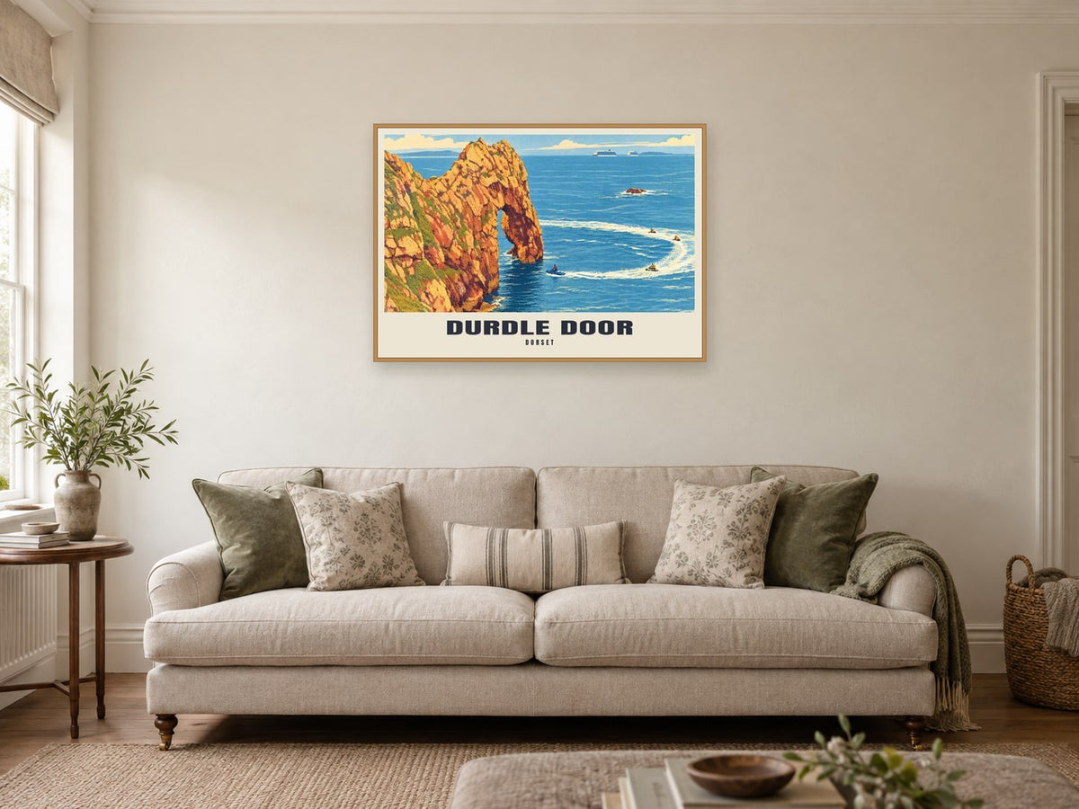 Durdle Door Poster at A1, in a natural wood frame, in a sitting room