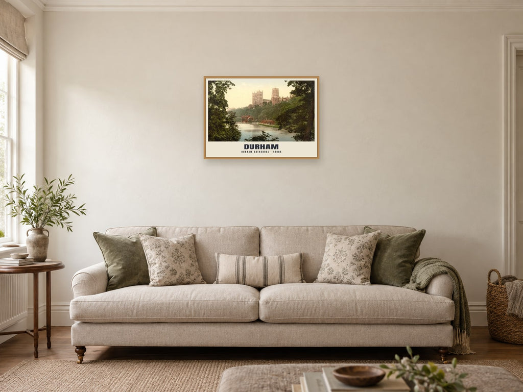 Durham Cathedral, 1890s Heritage Print at A2, in a natural wood frame, in a sitting room