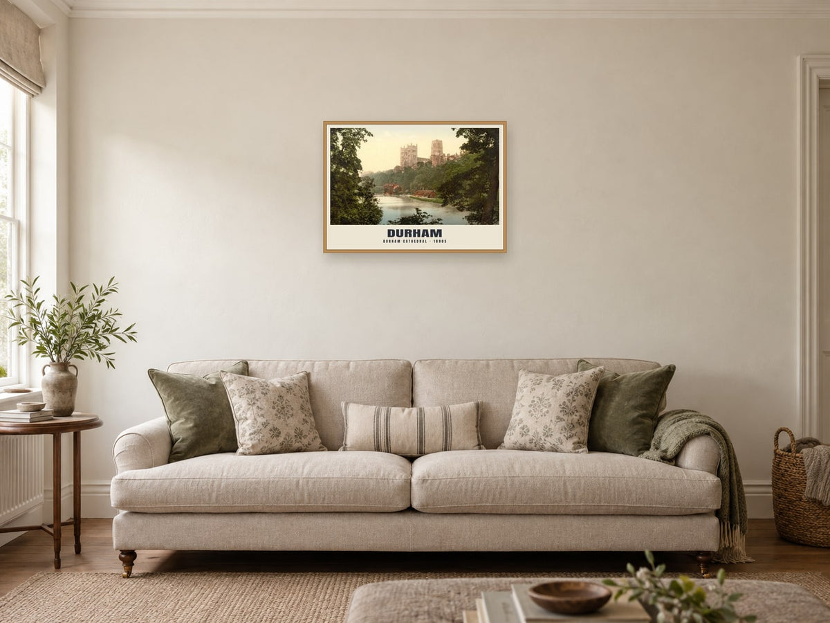 Durham Cathedral, 1890s Heritage Print at A2, in a natural wood frame, in a sitting room