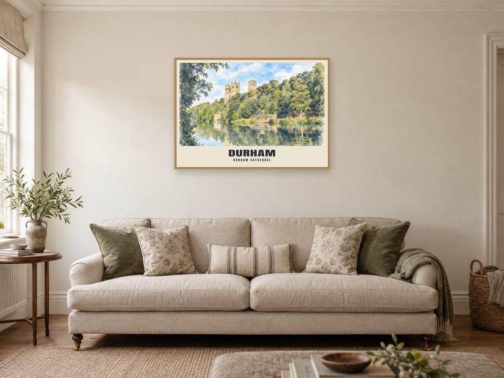Durham Cathedral Poster at A1, in a natural wood frame, in a sitting room