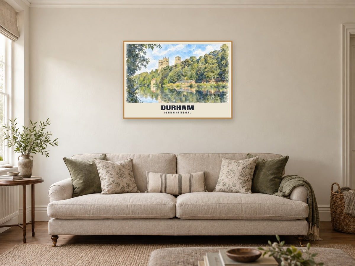 Durham Cathedral Poster at A1, in a natural wood frame, in a sitting room