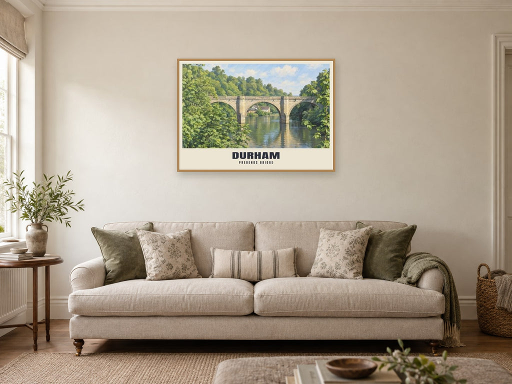 Prebends Bridge, Durham Poster at A1, in a natural wood frame, in a sitting room