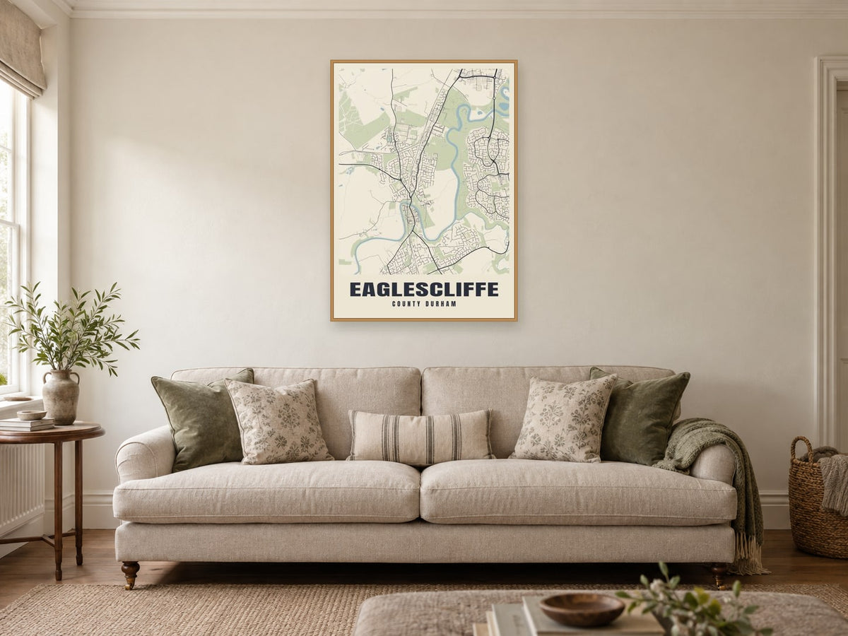 Eaglescliffe Street Map Poster at A1, in a natural wood frame, in a sitting room