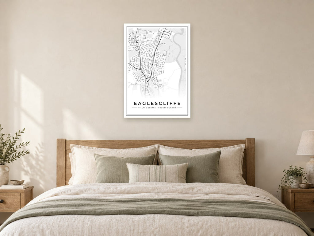Eaglescliffe Village Centre Street Map Poster at A1, as a poster, above a bed