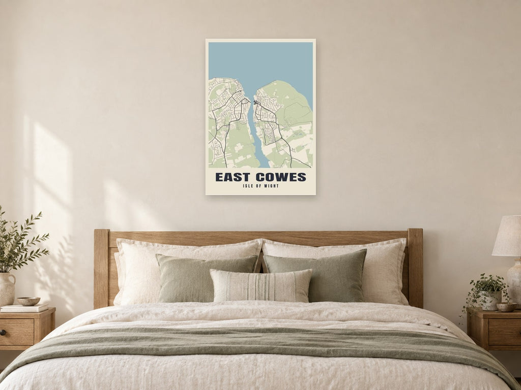 East Cowes Street Map Poster at A1, as a poster, above a bed