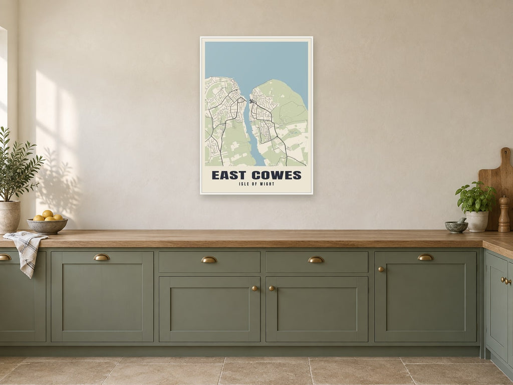 East Cowes Street Map Poster at A1, in a white frame, in a kitchen
