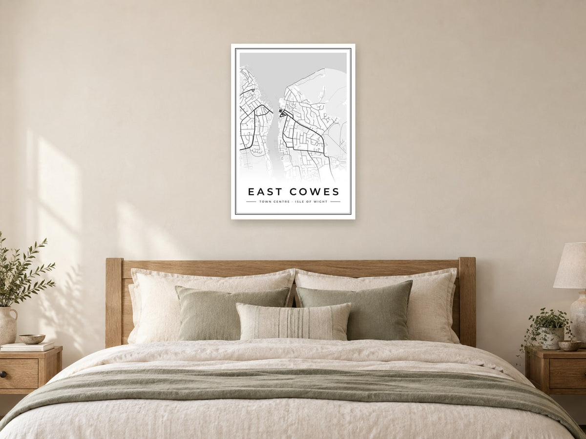 East Cowes Town Centre Street Map Poster at A1, as a poster, above a bed