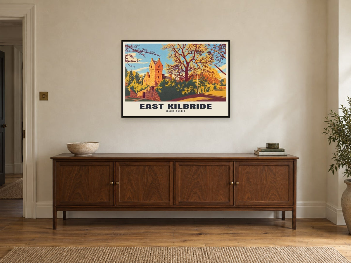 Mains Castle, East Kilbride Poster at A1, in a black frame, above a sideboard