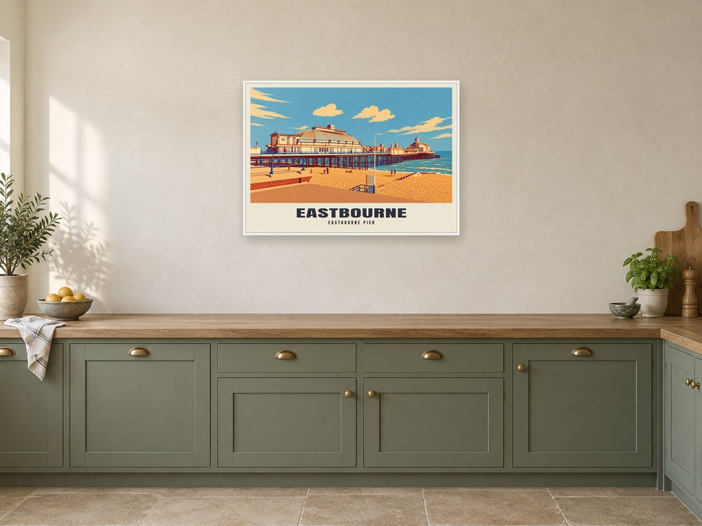 Eastbourne Pier Poster at A1, in a white frame, in a kitchen