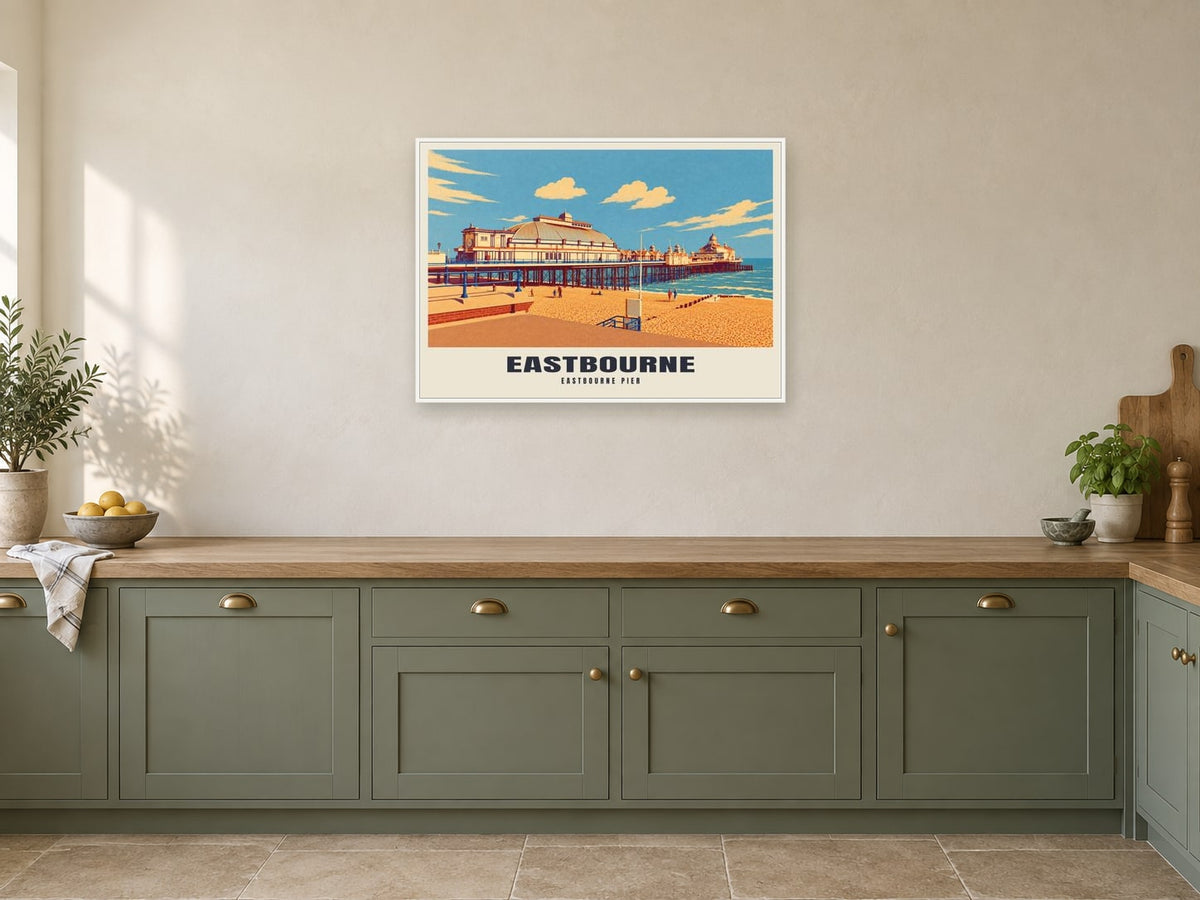 Eastbourne Pier Poster at A1, in a white frame, in a kitchen