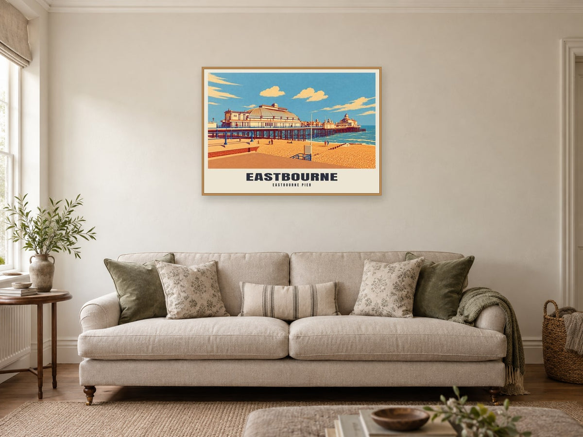 Eastbourne Pier Poster at A1, in a natural wood frame, in a sitting room