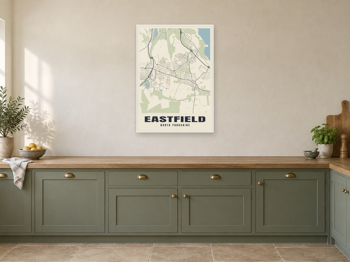Eastfield Street Map Poster at A1, in a white frame, in a kitchen