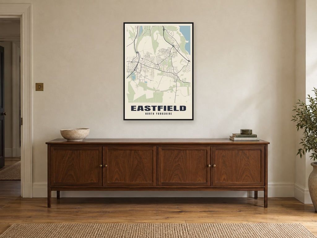 Eastfield Street Map Poster at A1, in a black frame, above a sideboard