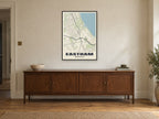 Eastham Street Map Poster at A1, in a black frame, above a sideboard