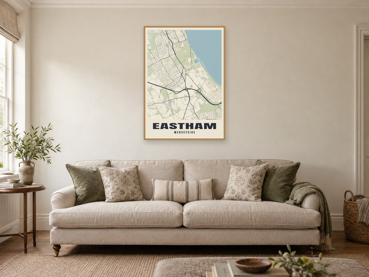 Eastham Street Map Poster at A1, in a natural wood frame, in a sitting room