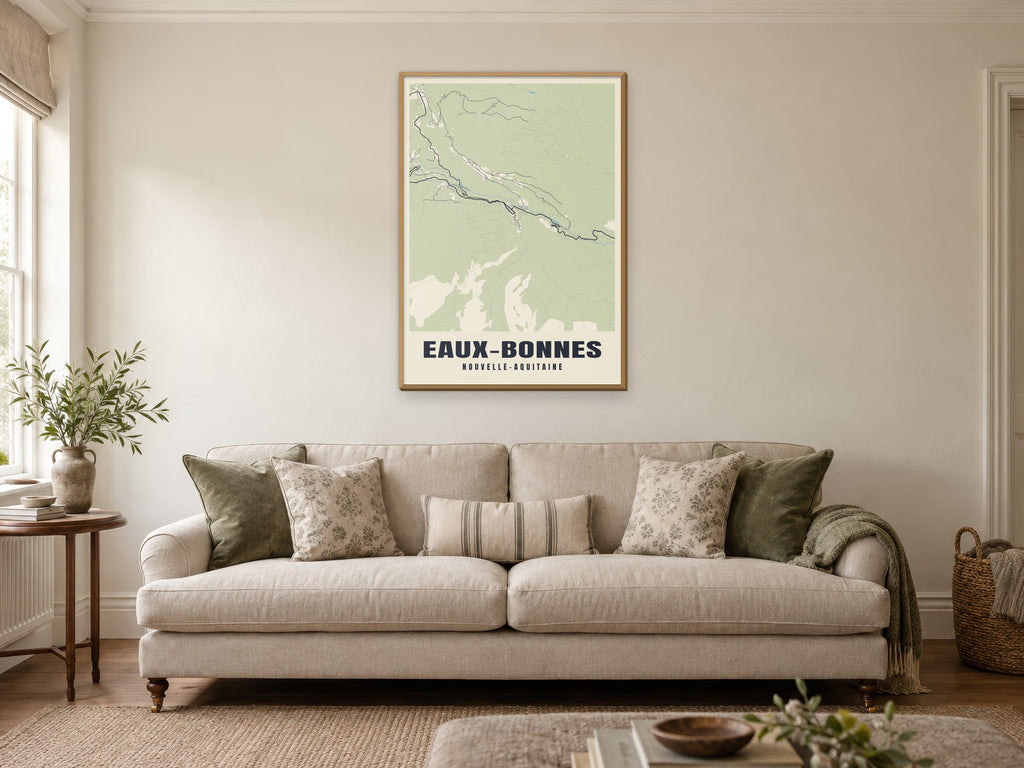 Eaux-Bonnes Street Map Poster at A1, in a natural wood frame, in a sitting room