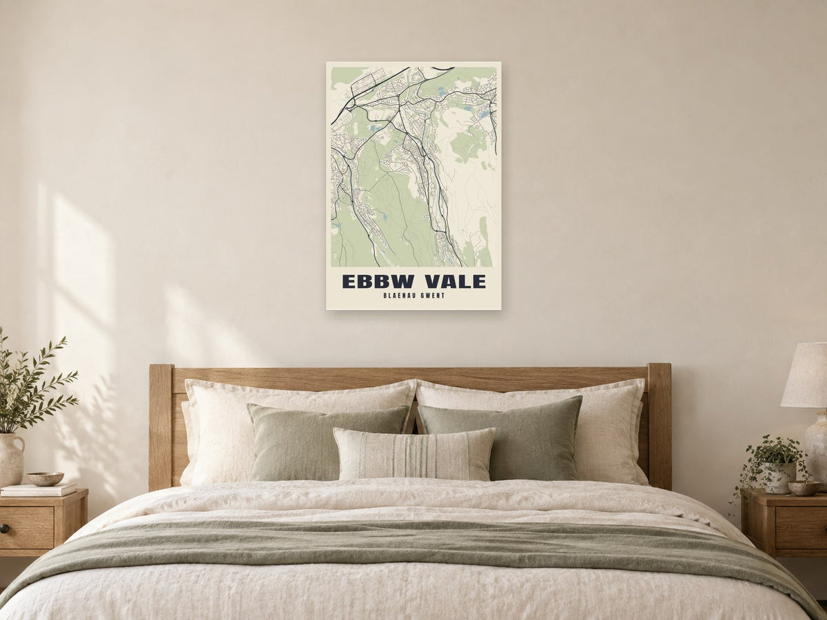 Ebbw Vale Street Map Poster at A1, as a poster, above a bed