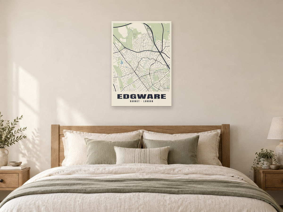 Edgware Heritage Street Map Poster at A1, as a poster, above a bed