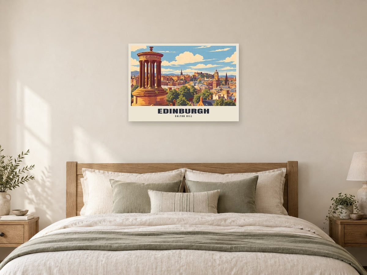 Calton Hill, Edinburgh Poster at A1, as a poster, above a bed