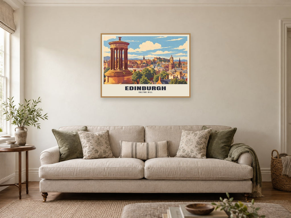 Calton Hill, Edinburgh Poster at A1, in a natural wood frame, in a sitting room