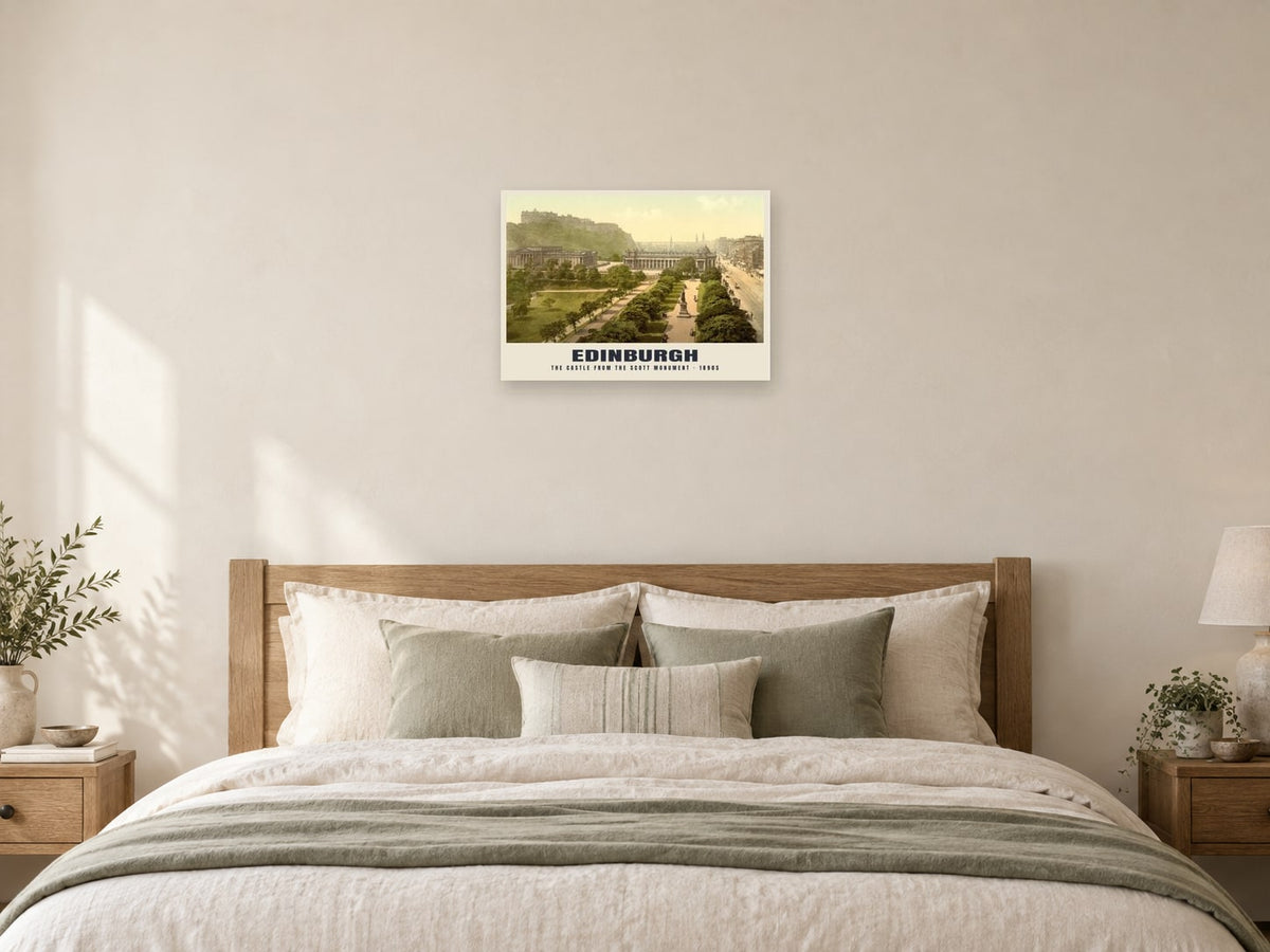 The Castle from the Scott Monument, Edinburgh Poster at A2, as a poster, above a bed