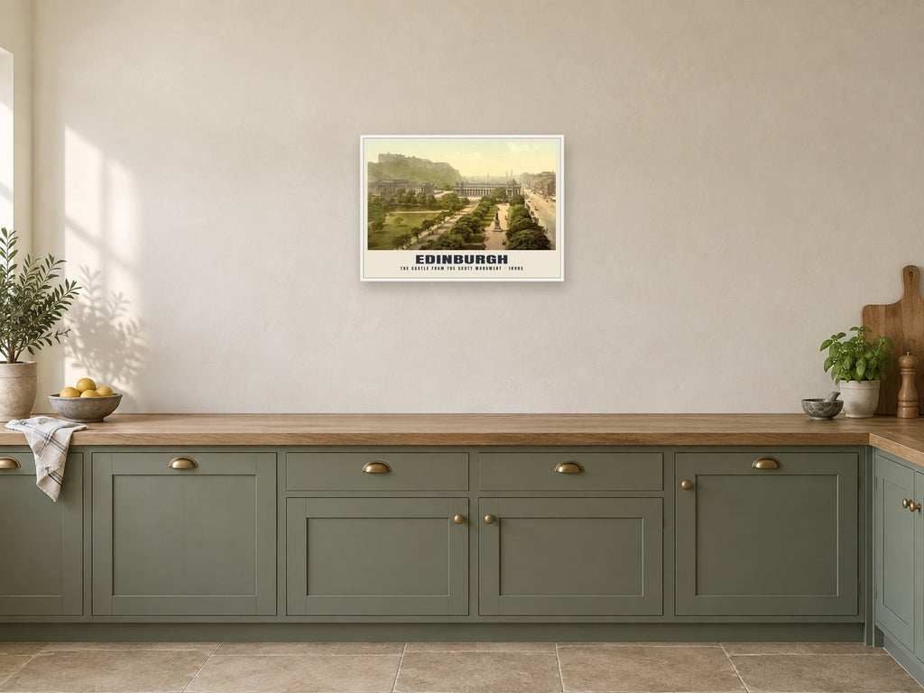 The Castle from the Scott Monument, Edinburgh Poster at A2, in a white frame, in a kitchen