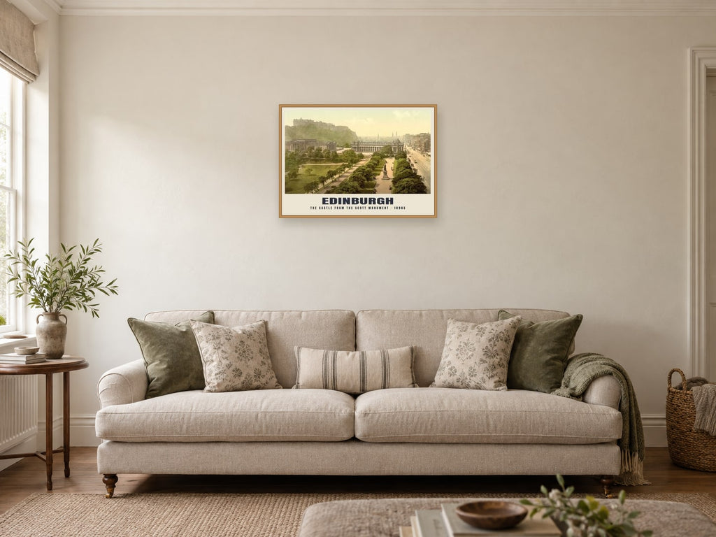 The Castle from the Scott Monument, Edinburgh Poster at A2, in a natural wood frame, in a sitting room