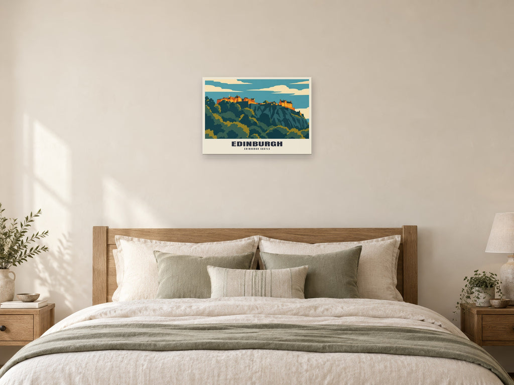 Edinburgh Castle Mid-Century Poster at A2, as a poster, above a bed