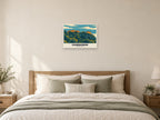Edinburgh Castle Mid-Century Poster at A2, as a poster, above a bed